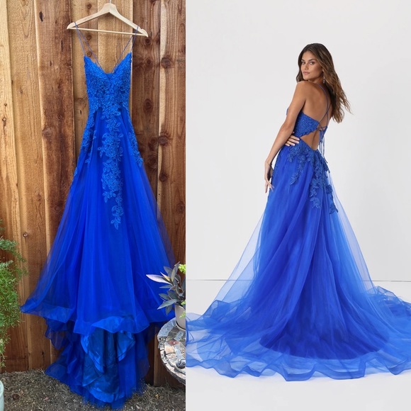 Royal Blue Embroidered and Sequin Tulle Maxi Dress w/ Train